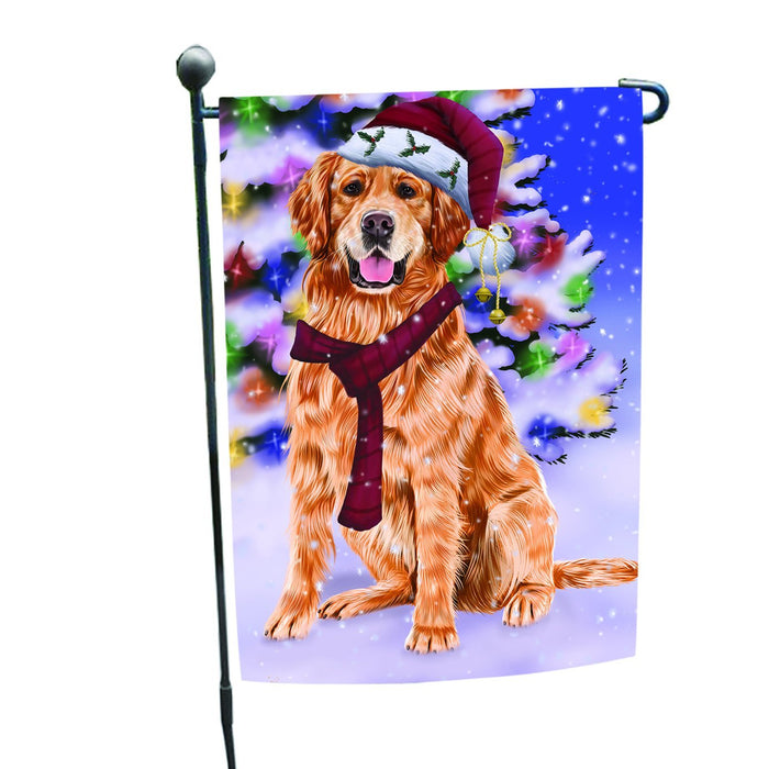 Winterland Wonderland Golden Retrievers Dog In Christmas Holiday Scenic Background Garden Flag