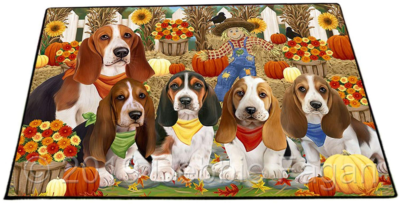 Fall Festive Gathering Basset Hounds Dog with Pumpkins Floormat FLMS50655