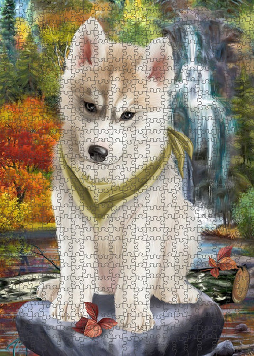 Scenic Waterfall Siberian Husky Dog Puzzle with Photo Tin PUZL52449