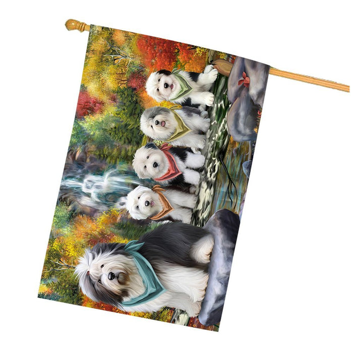 Scenic Waterfall Old English Sheepdogs House Flag FLGA49423