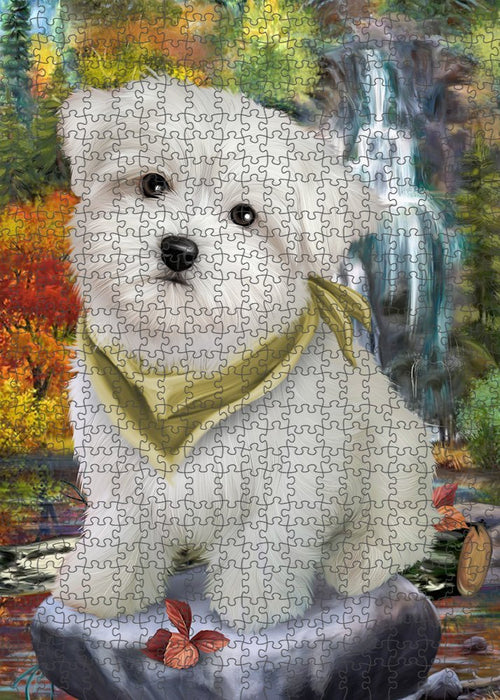 Scenic Waterfall Maltese Dog Puzzle with Photo Tin PUZL52251