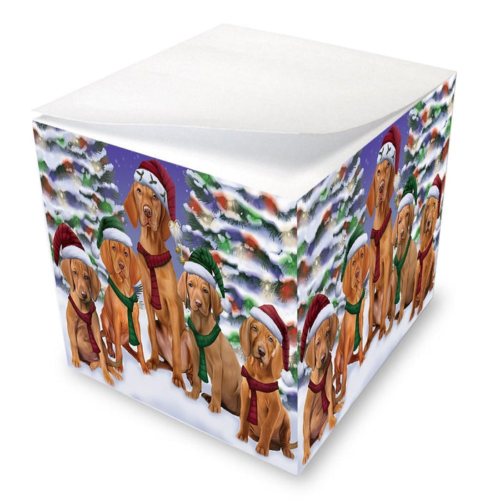 Vizsla Dog Christmas Family Portrait in Holiday Scenic Background Note Cube D145