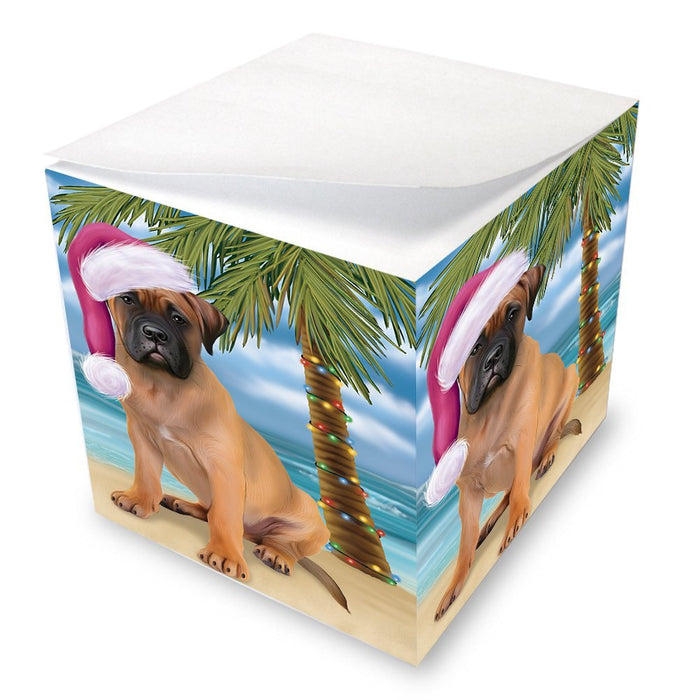 Summertime Happy Holidays Christmas Bull Mastiff Dog on Tropical Island Beach Note Cube D522