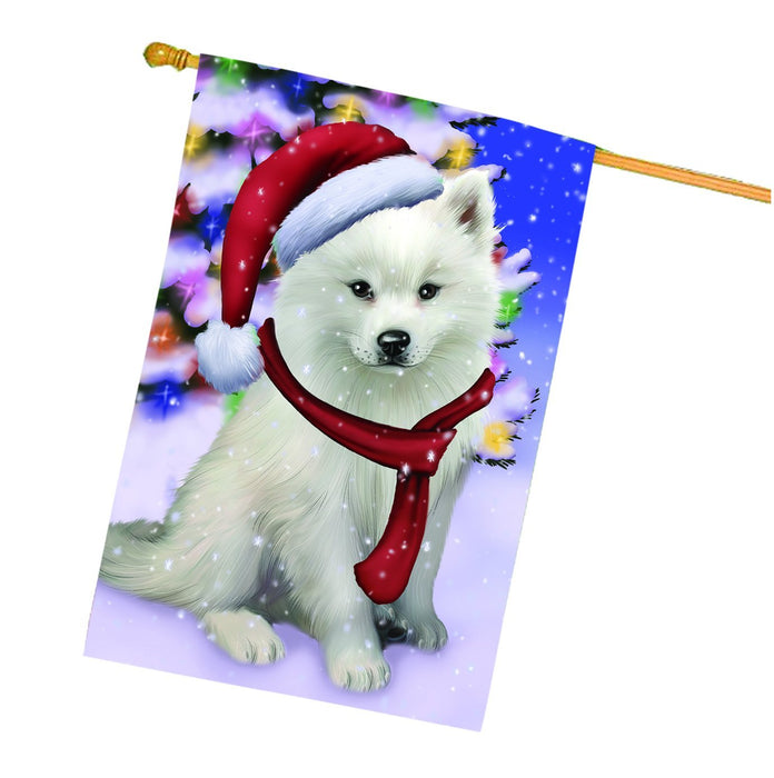 Winterland Wonderland American Eskimo Dog In Christmas Holiday Scenic Background House Flag