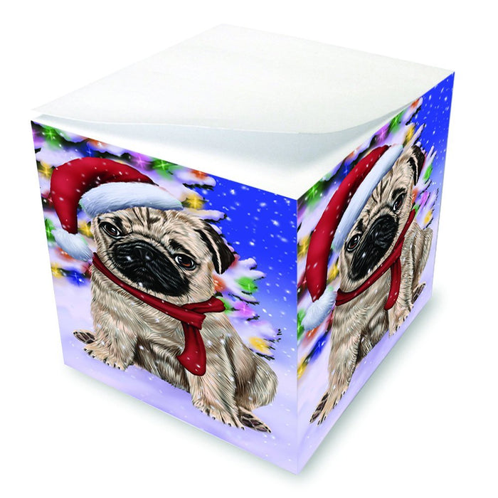 Winterland Wonderland Pug Dog In Christmas Holiday Scenic Background Note Cube D671