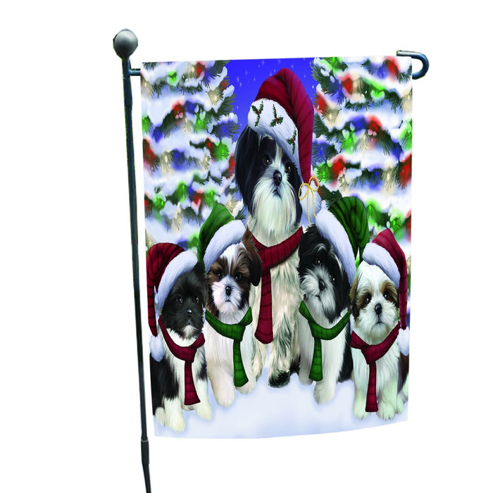 Shih Tzu Dog Christmas Family Portrait in Holiday Scenic Background Garden Flag