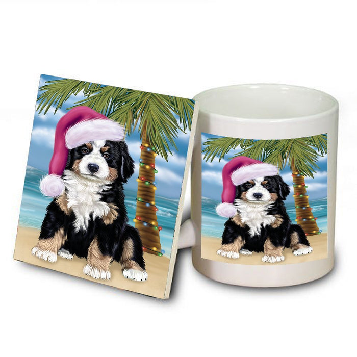 Summertime Happy Holidays Christmas Bernese Dog on Tropical Island Beach Mug and Coaster Set