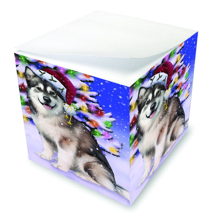 Winterland Wonderland Alaskan Malamute Dog In Christmas Holiday Scenic Background Note Cube