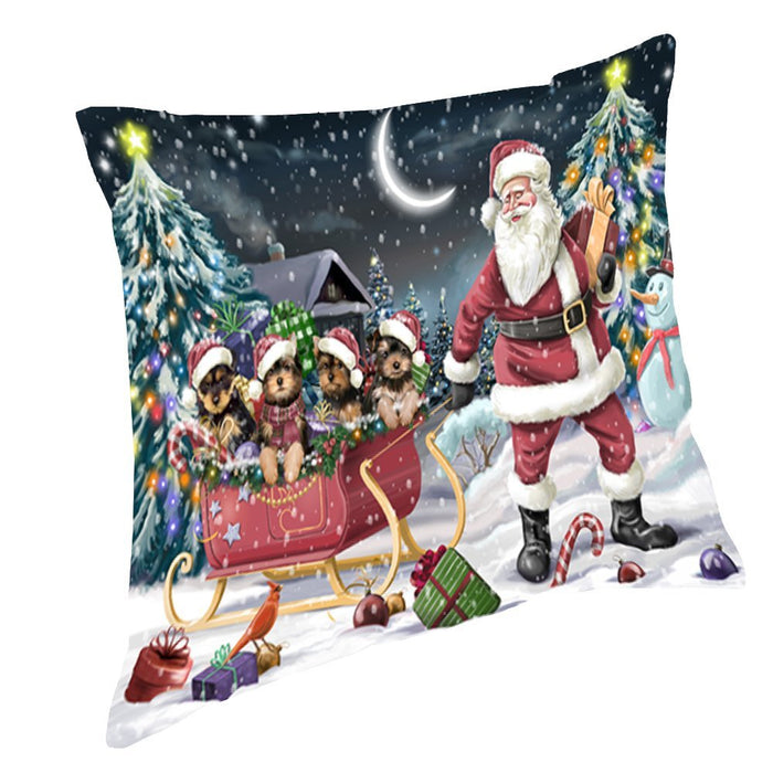 Santa Sled Dogs Christmas Happy Holidays Yorkshire Terrier Throw Pillow PIL1332