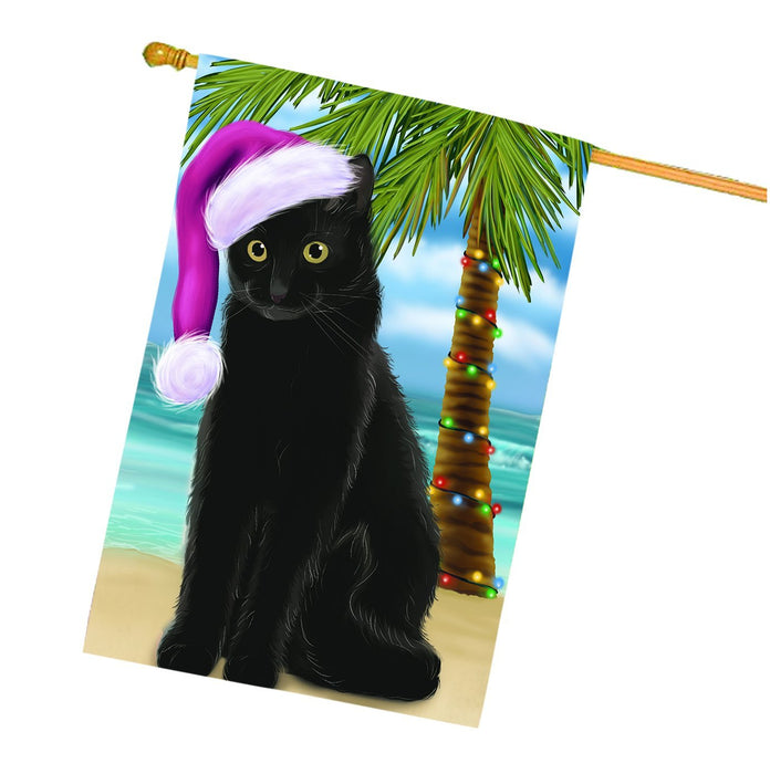 Summertime Happy Holidays Christmas Black Cat on Tropical Island Beach House Flag