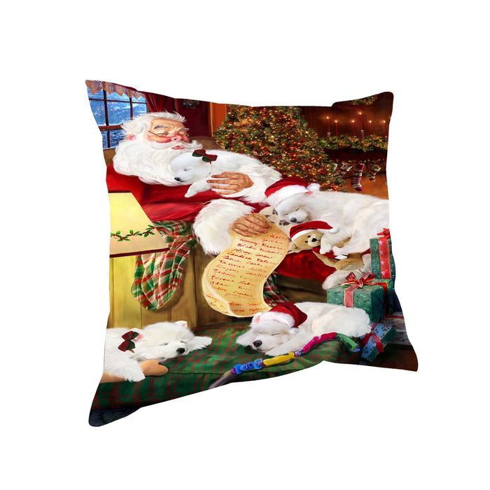 Samoyeds Dog and Puppies Sleeping with Santa Throw Pillow