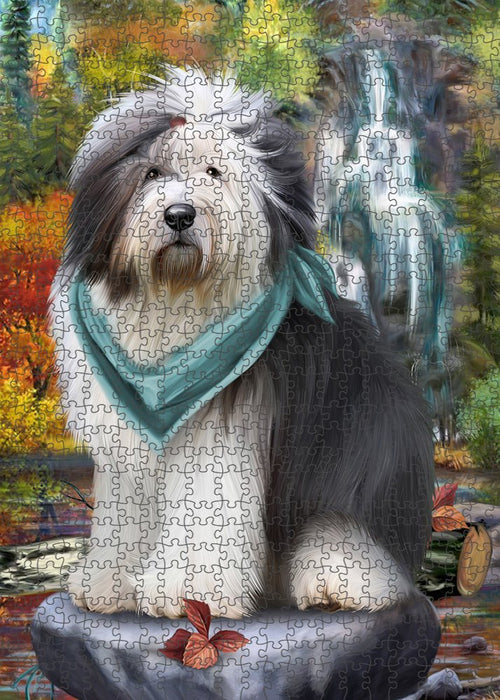 Scenic Waterfall Old English Sheepdog Puzzle with Photo Tin PUZL52275