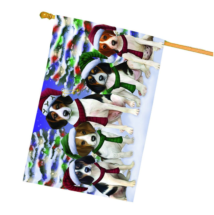 Treeing Walker Coonhound Dog Christmas Family Portrait in Holiday Scenic Background House Flag