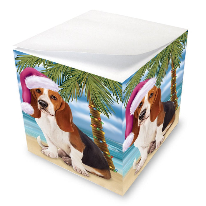 Summertime Happy Holidays Christmas Basset Hounds Dog on Tropical Island Beach Note Cube D519