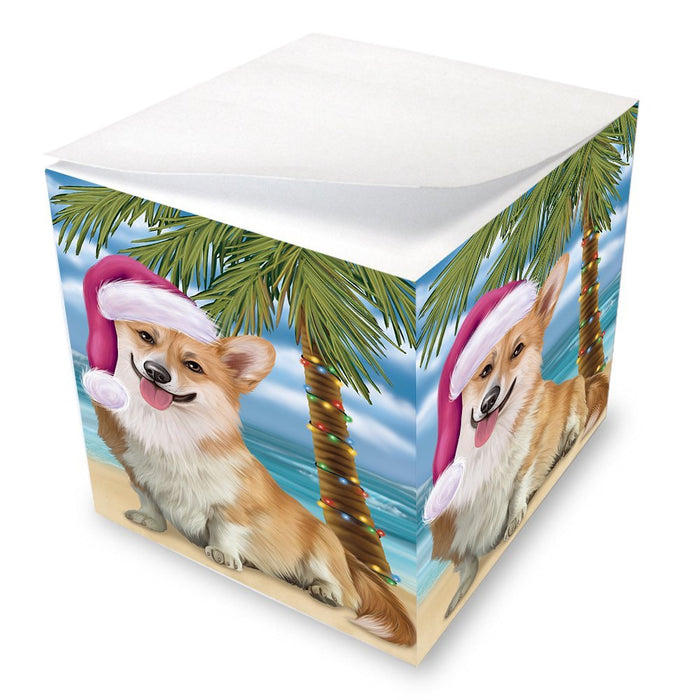 Summertime Happy Holidays Christmas Corgi Dog on Tropical Island Beach Note Cube D531