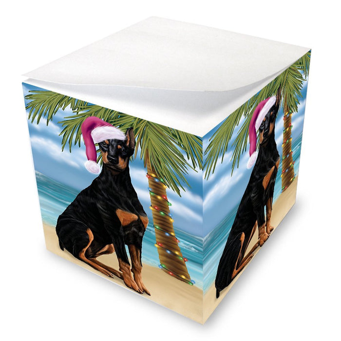Summertime Happy Holidays Christmas Doberman Dog on Tropical Island Beach Note Cube D535