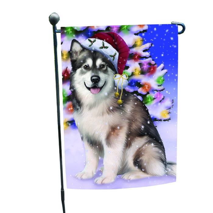 Winterland Wonderland Alaskan Malamute Dog In Christmas Holiday Scenic Background Garden Flag