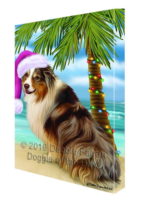 Summertime Happy Holidays Christmas Australian Shepherd Dog on Tropical Island Beach Canvas Wall Art