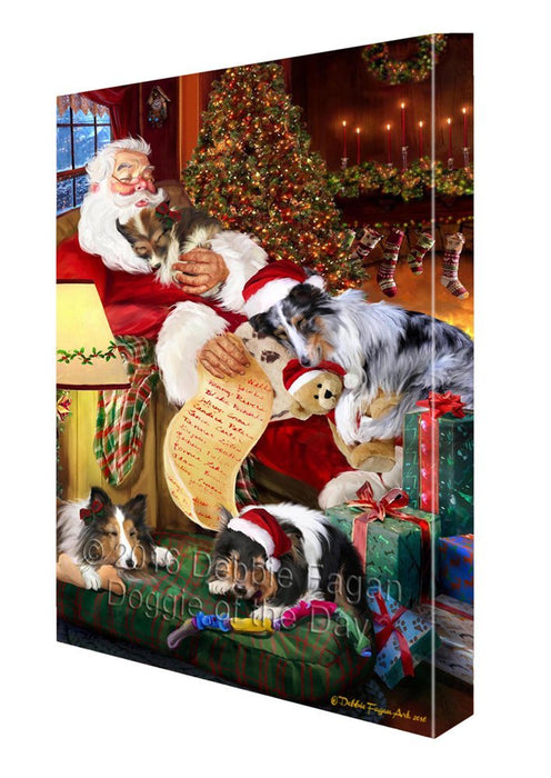 Sheltie Dog and Puppies Sleeping with Santa Painting Printed on Canvas Wall Art