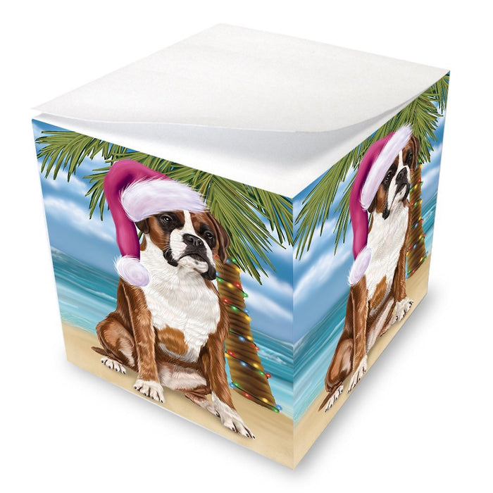 Summertime Happy Holidays Christmas Boxers Dog on Tropical Island Beach Note Cube D511