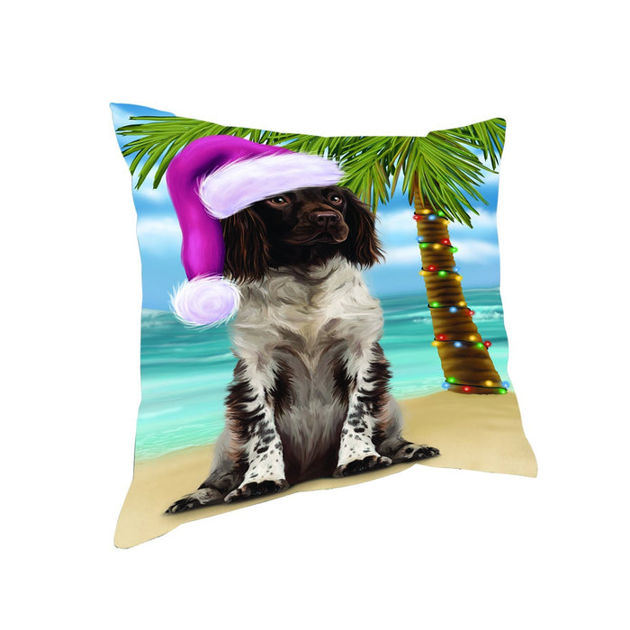 Summertime Happy Holidays Christmas Munsterlander Dog on Tropical Island Beach Throw Pillow