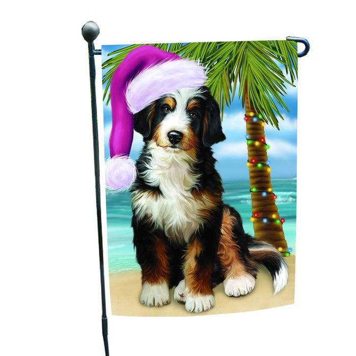Summertime Happy Holidays Christmas Bernedoodle Dog on Tropical Island Beach Garden Flag