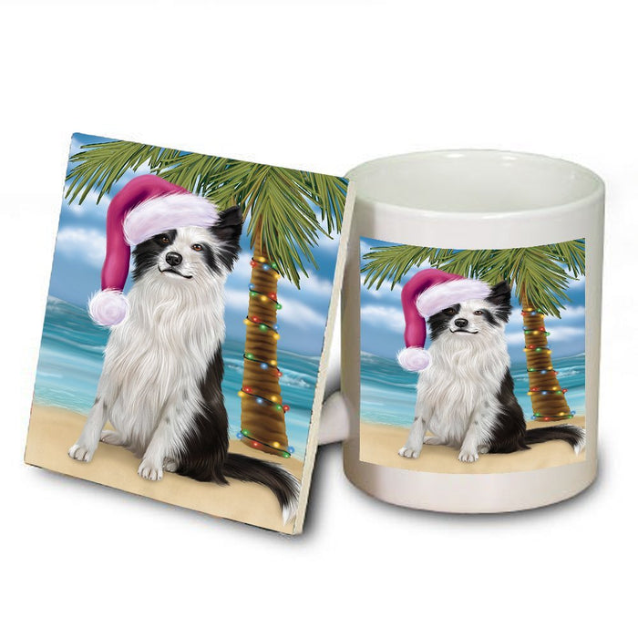 Summertime Happy Holidays Christmas Border Collie Dog on Tropical Island Beach Mug and Coaster Set