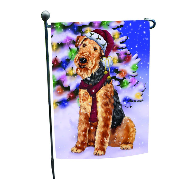 Winterland Wonderland Airedales Dog In Christmas Holiday Scenic Background Garden Flag
