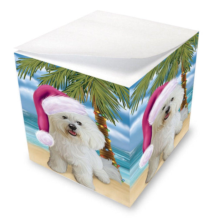Summertime Happy Holidays Christmas Bichon Frise Dog on Tropical Island Beach Note Cube D503