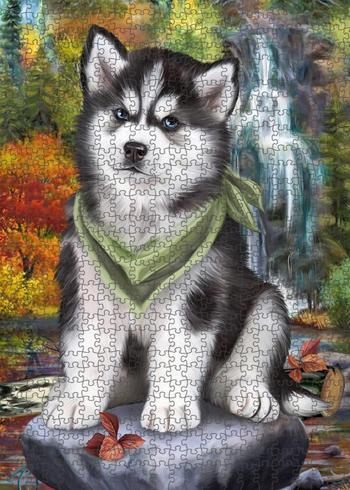 Scenic Waterfall Siberian Husky Dog Puzzle with Photo Tin PUZL52452