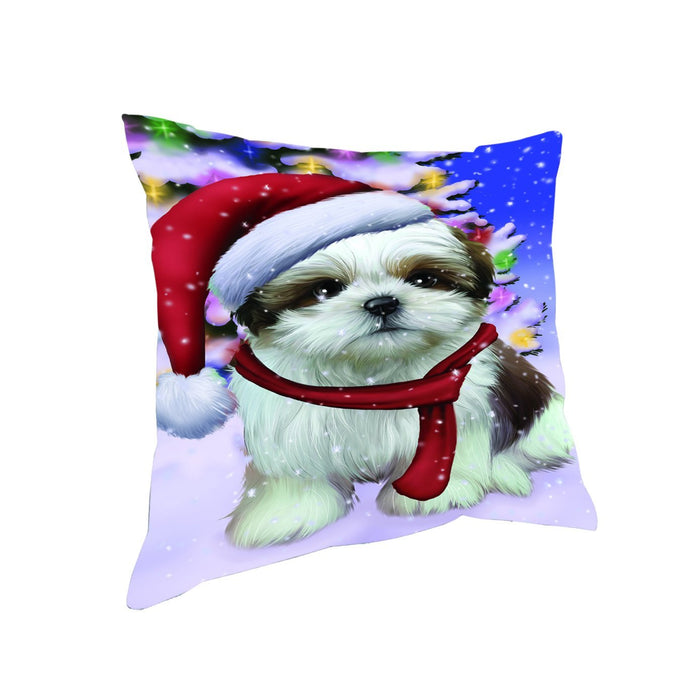 Winterland Wonderland Shih Tzu Dog In Christmas Holiday Scenic Background Throw Pillow