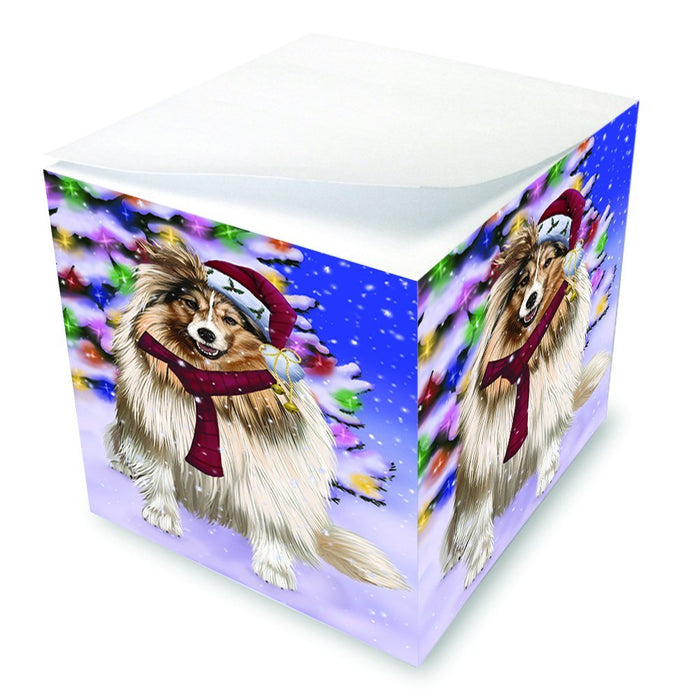 Winterland Wonderland Shetland Dog In Christmas Holiday Scenic Background Note Cube D678