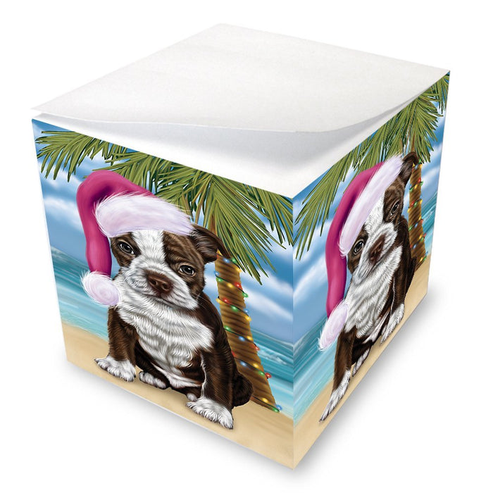 Summertime Happy Holidays Christmas Boston Terriers Dog on Tropical Island Beach Note Cube D510
