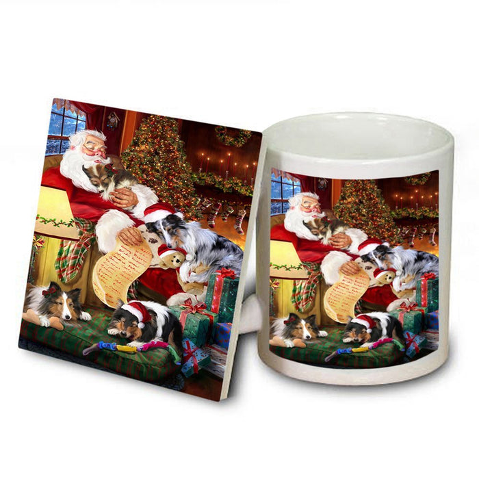 Sheltie Dog and Puppies Sleeping with Santa Mug and Coaster Set