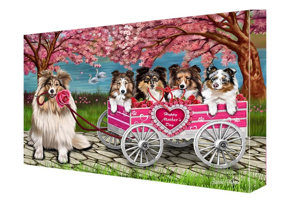 Shelties Dog w/ Puppies Mother's Day Painting Printed on Canvas Wall Art Signed