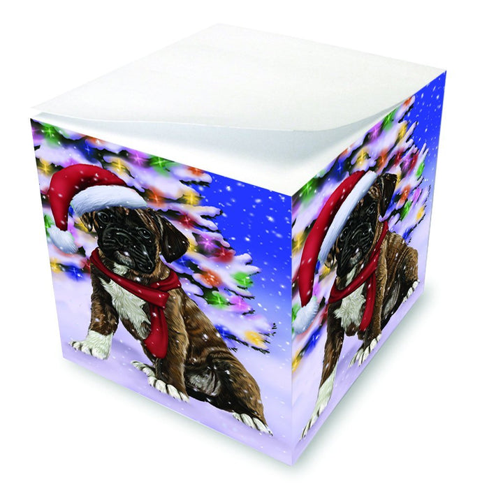 Winterland Wonderland Boxers Dog In Christmas Holiday Scenic Background Note Cube D650