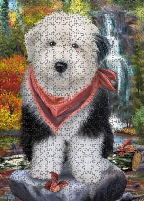 Scenic Waterfall Old English Sheepdog Puzzle with Photo Tin PUZL52266