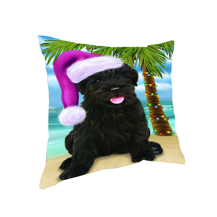 Summertime Happy Holidays Christmas Black Russian Terrier Dog on Tropical Island Beach Throw Pillow