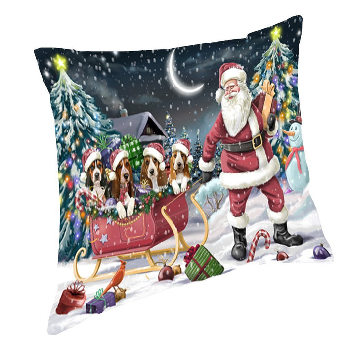 Santa Sled Dogs Christmas Happy Holidays Basset Hound Throw Pillow PIL1172