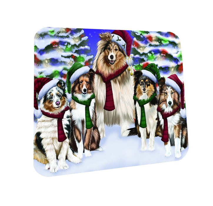 Shetland Dog Christmas Family Portrait in Holiday Scenic Background Coasters Set of 4
