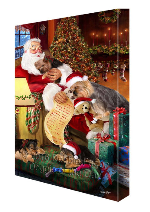 Yokshire Terrier Dog and Puppies Sleeping with Santa Painting Printed on Canvas Wall Art Signed