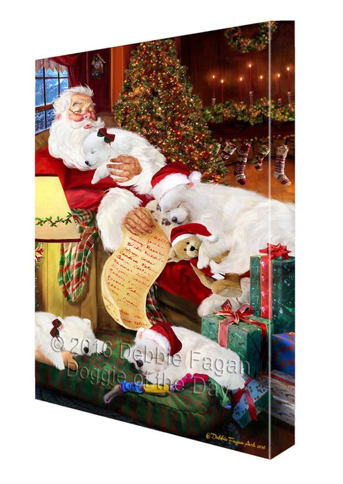 Samoyeds Dog and Puppies Sleeping with Santa Painting Printed on Canvas Wall Art