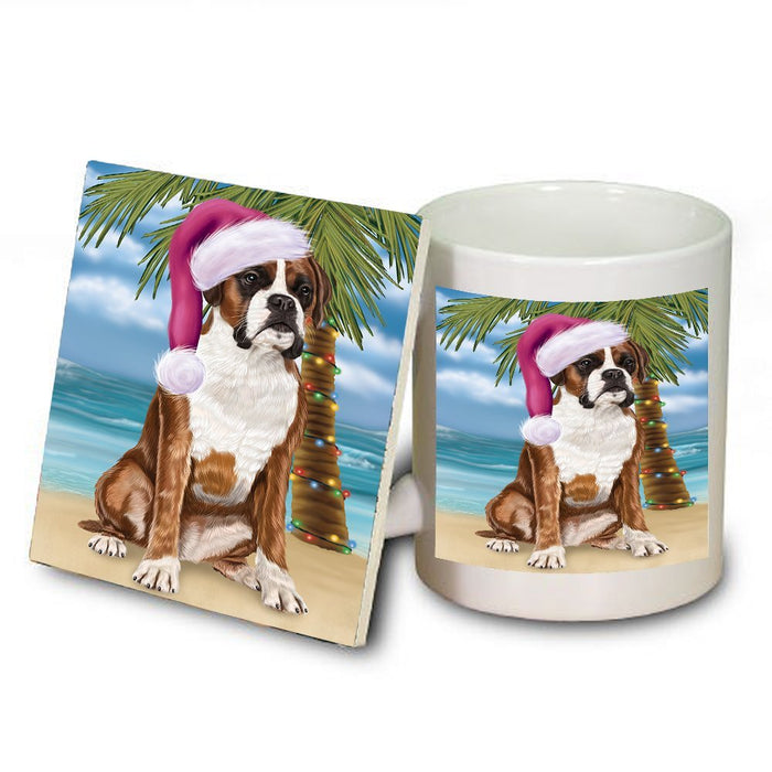Summertime Happy Holidays Christmas Boxers Dog on Tropical Island Beach Mug and Coaster Set