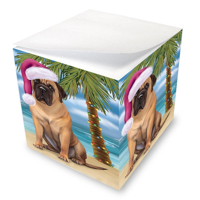 Summertime Happy Holidays Christmas Bull Mastiff Dog on Tropical Island Beach Note Cube D521
