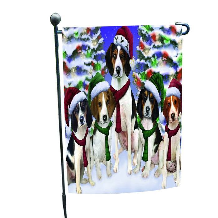 Treeing Walker Coonhound Dog Christmas Family Portrait in Holiday Scenic Background Garden Flag