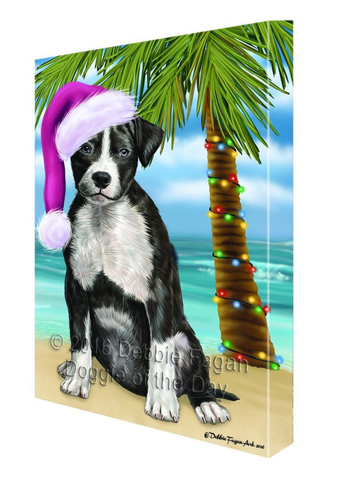 Summertime Happy Holidays Christmas American Staffordshire Terrier Dog on Tropical Island Beach Canvas Wall Art