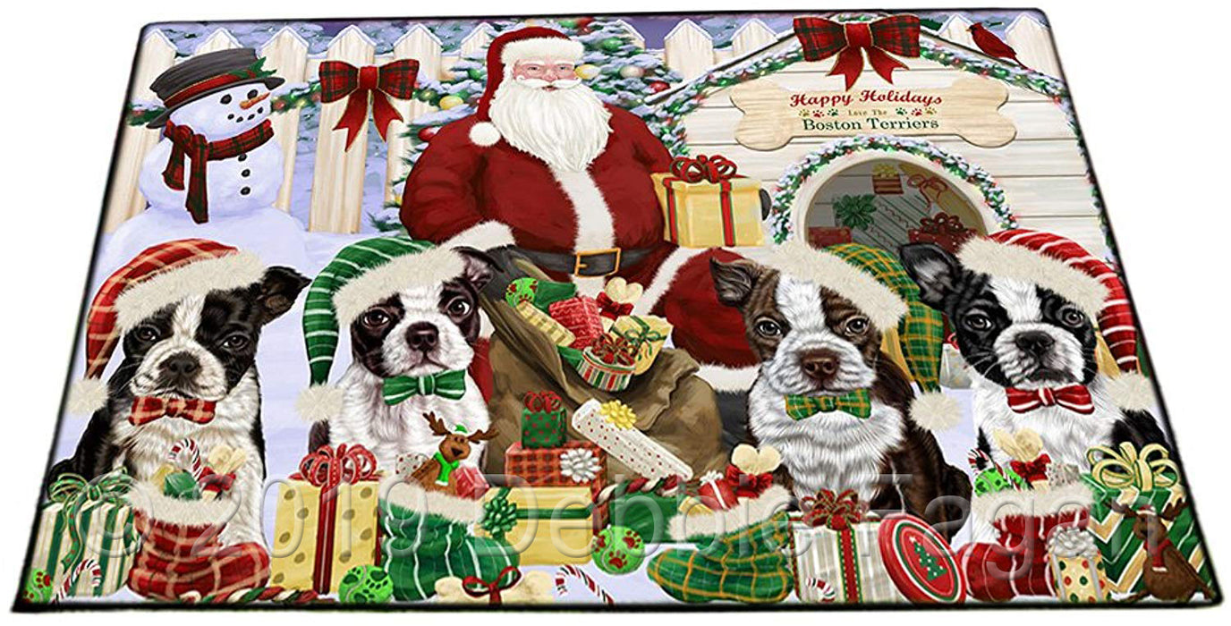 Happy Holidays Christmas Boston Terriers Dog House Gathering Floormat FLMS51063