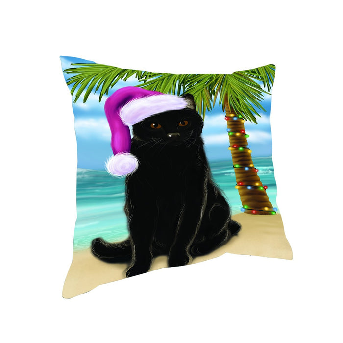 Summertime Happy Holidays Christmas Black Cat on Tropical Island Beach Throw Pillow