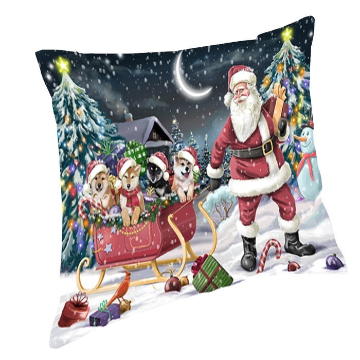 Santa Sled Dogs Christmas Happy Holidays Shiba Inu Throw Pillow PIL1308