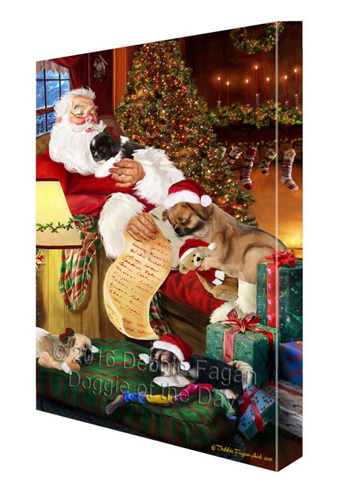 Tibetan Spaniel Dog and Puppies Sleeping with Santa Painting Printed on Canvas Wall Art